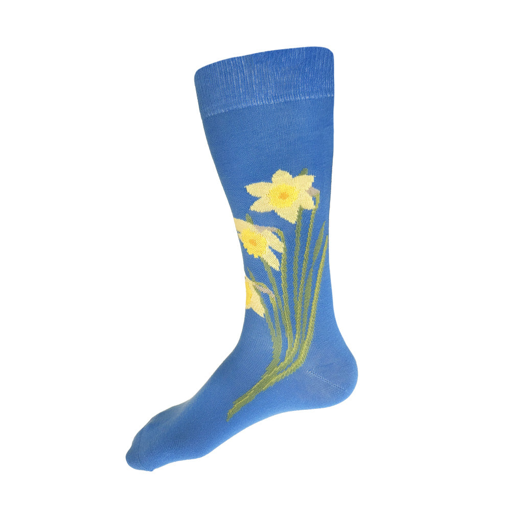 Made in USA men's blue cotton socks with yellow daffodils by THIS NIGHT