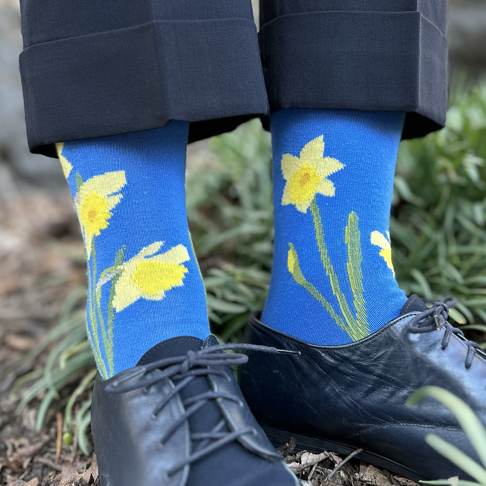 Made in USA women's blue cotton yellow daffodil socks by THIS NIGHT