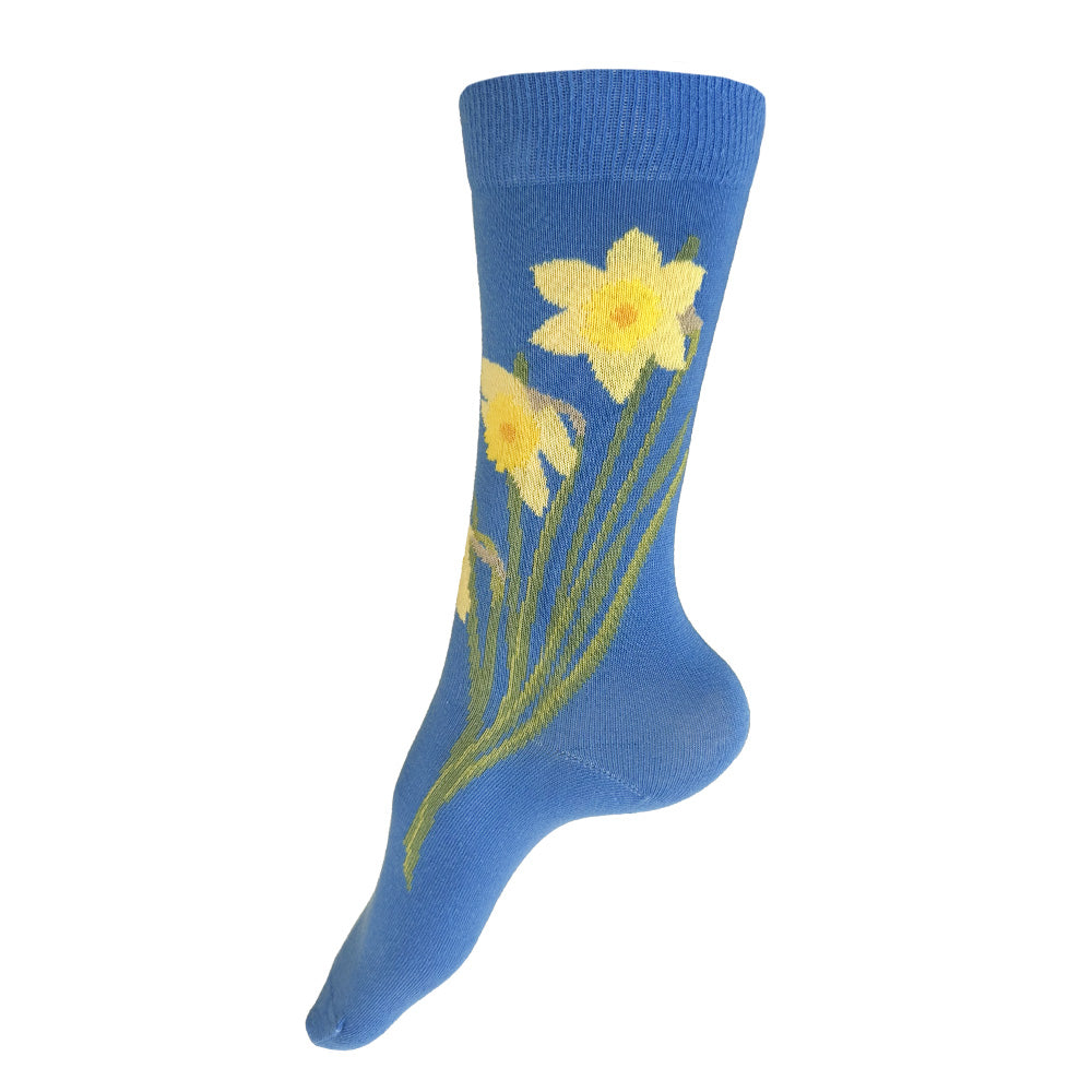 Made in USA women's blue cotton yellow daffodil socks by THIS NIGHT