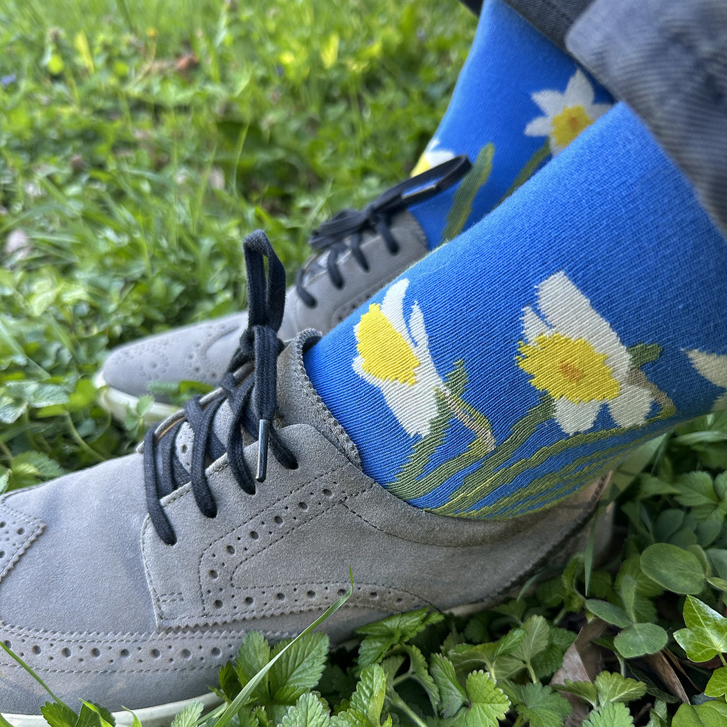 Made in USA men's blue cotton socks with white and yellow daffodils by THIS NIGHT