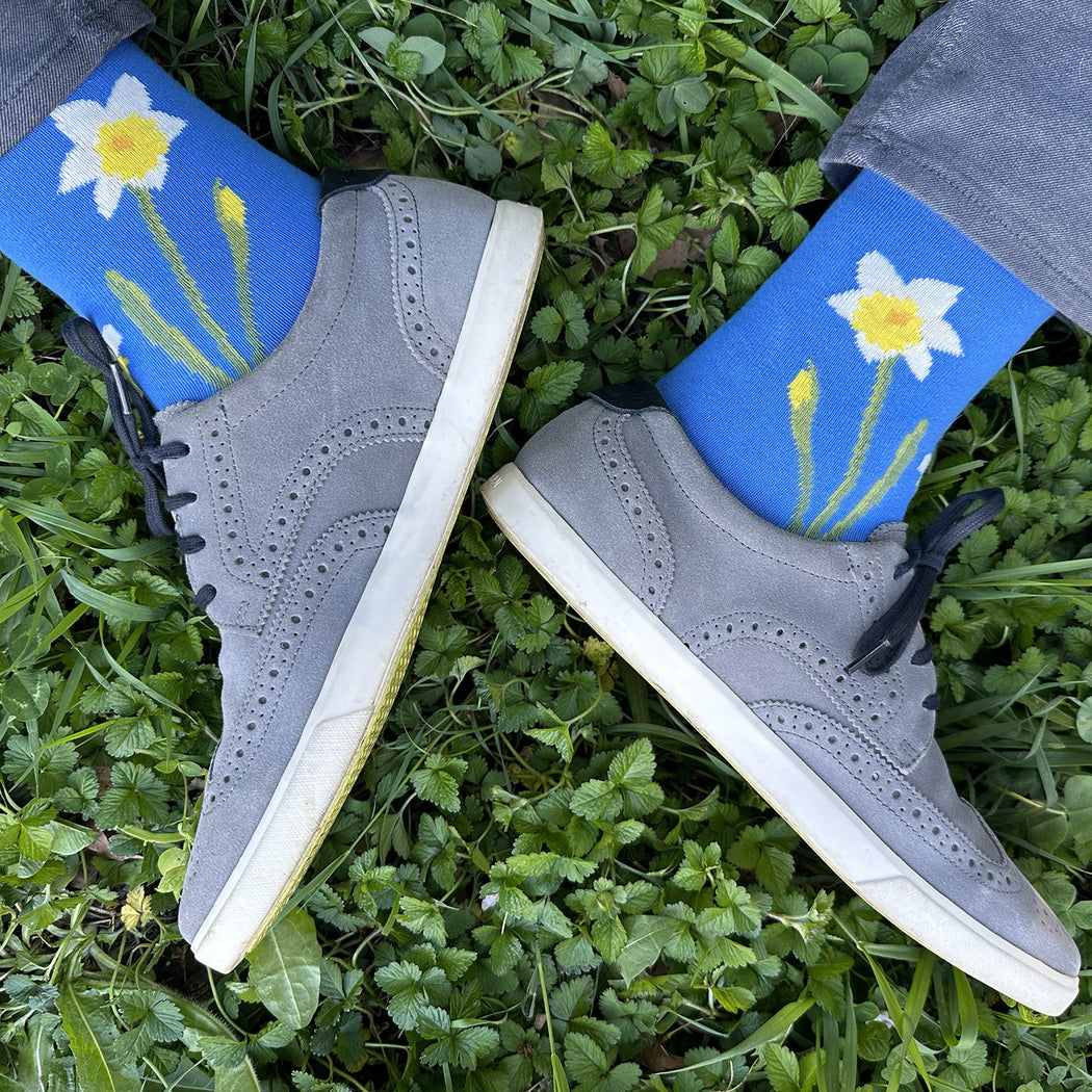Made in USA men's blue cotton socks with white and yellow daffodils by THIS NIGHT