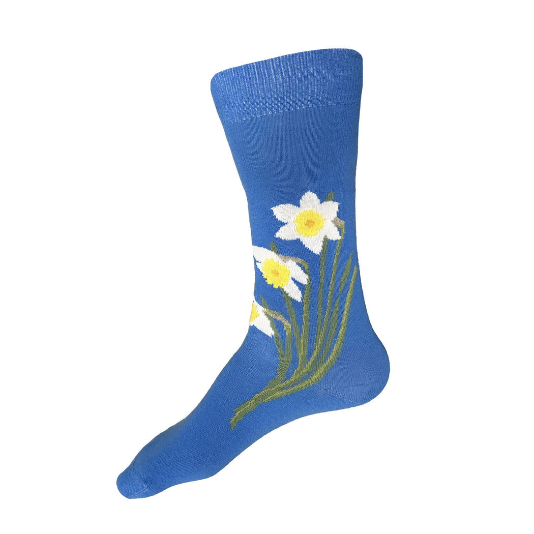 Made in USA men's blue cotton socks with white and yellow daffodils by THIS NIGHT