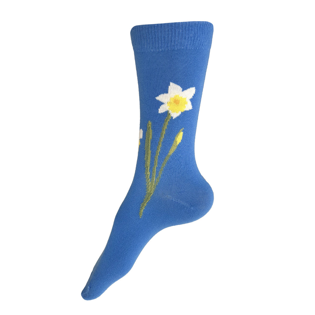 Made in USA blue cotton women's floral socks with white and yellow daffodils