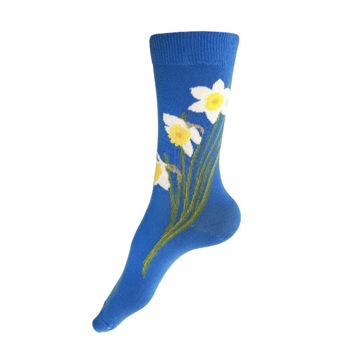 Made in USA blue cotton women's floral socks with white and yellow daffodils