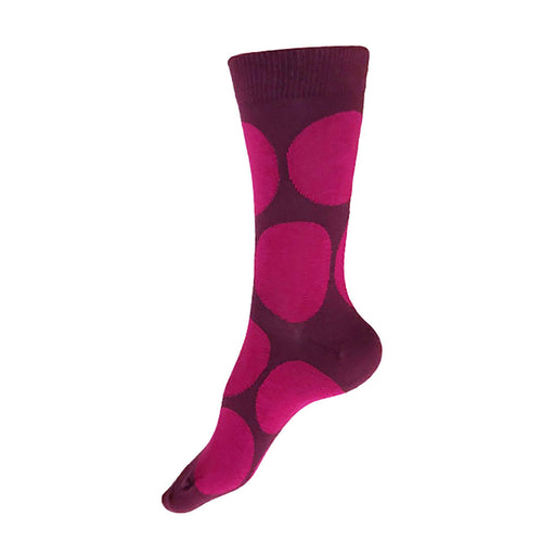 MADE IN USA women's burgundy cotton socks by THIS NIGHT with bright pink polka dots