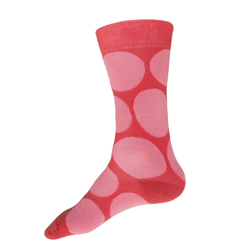 Made in USA men's hot pink cotton socks with big pink polka dots by THIS NIGHT