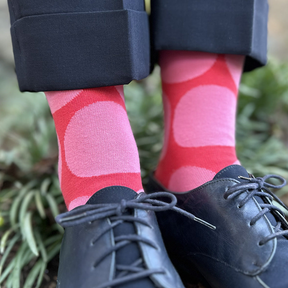 Made in USA women's bright pink big polka dot cotton socks by THIS NIGHT