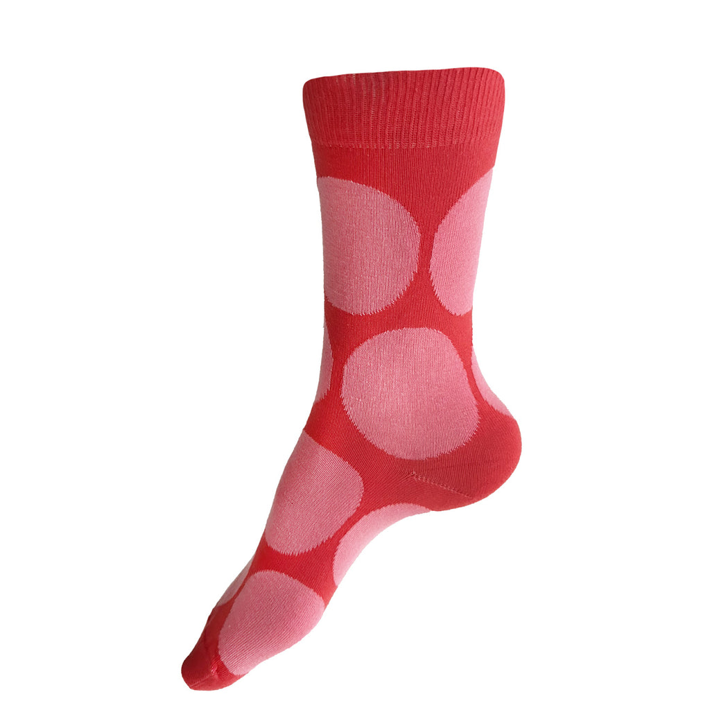 Made in USA women's bright pink big polka dot cotton socks by THIS NIGHT