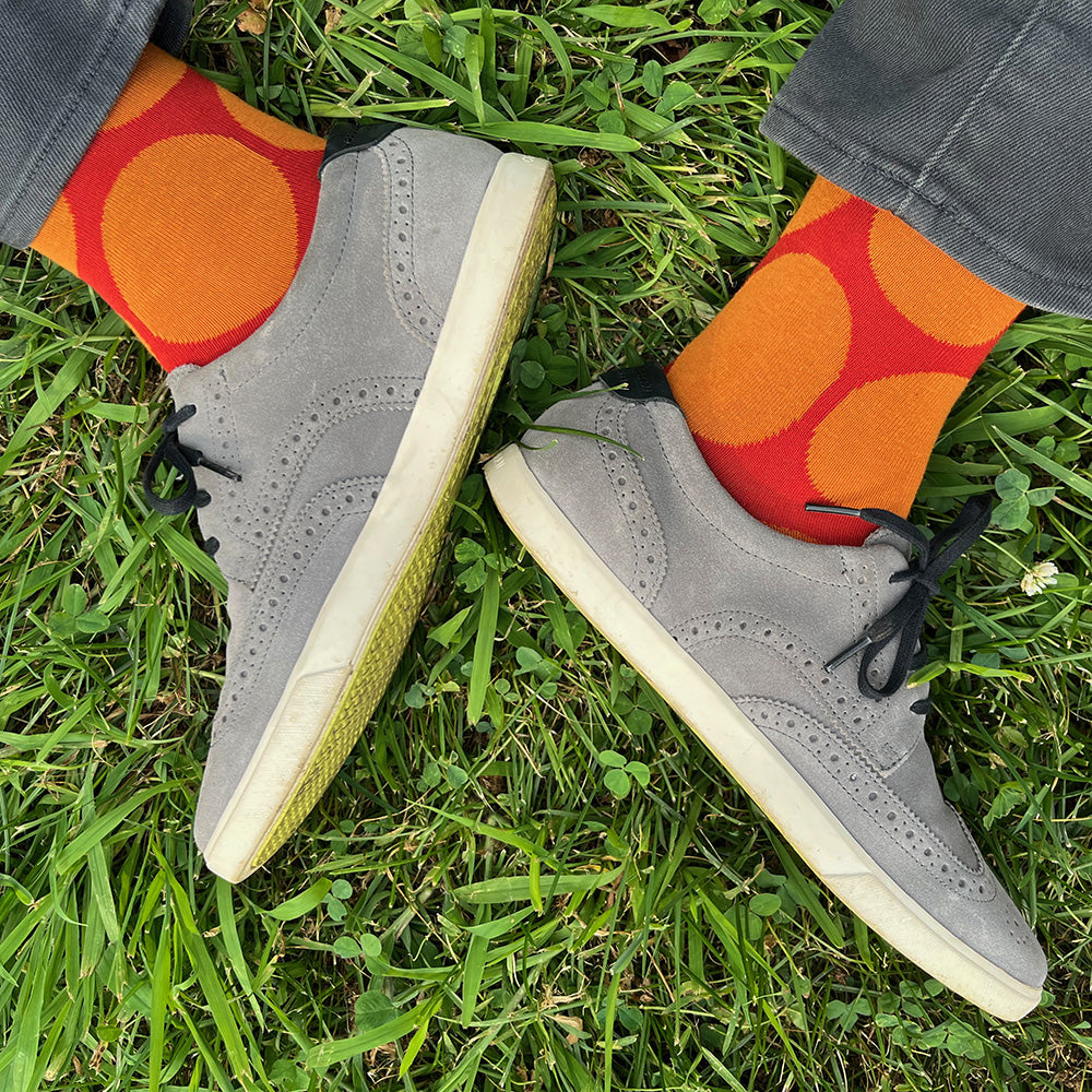 Made in USA men's deep orange and yellow-orange large polka dot socks (fun for Halloween!)