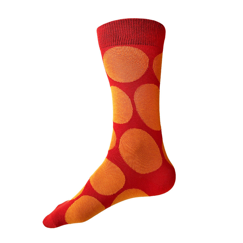 Made in USA men's deep orange and yellow-orange large polka dot socks (fun for Halloween!)