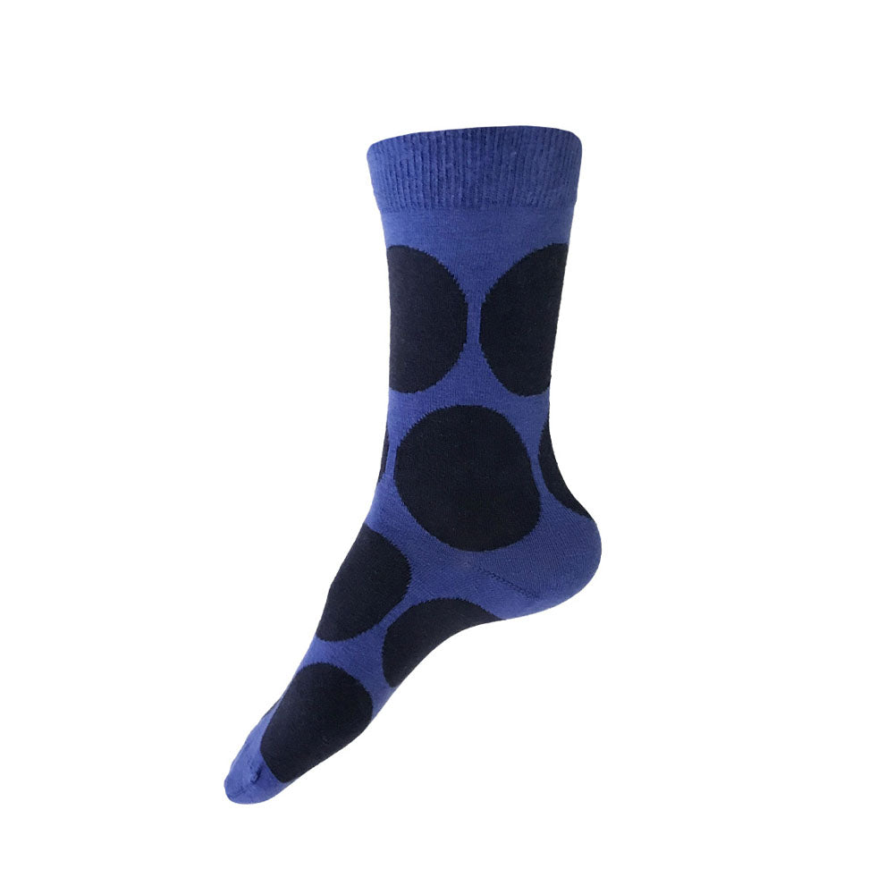 Periwinkle blue cotton polka dot socks with fun large navy dots by THIS NIGHT and made in USA