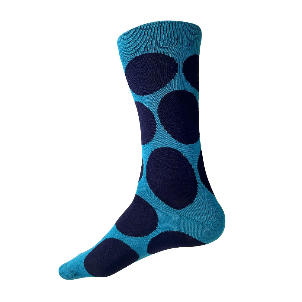 Made in USA men's fun cotton polka dot socks in blue-green with big navy dots by THIS NIGHT