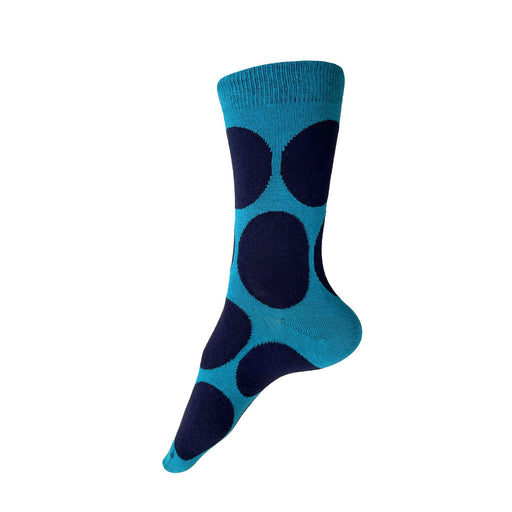 Made in USA women's cotton socks in blue-green with large navy polka dots by THIS NIGHT