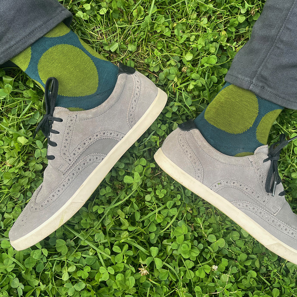 Made in USA men's fun cotton sock in teal with large fern green polka dots by THIS NIGHT