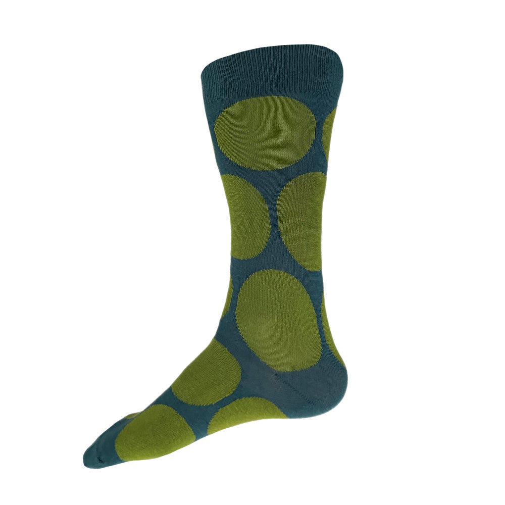 Made in USA men's fun cotton sock in teal with large fern green polka dots by THIS NIGHT