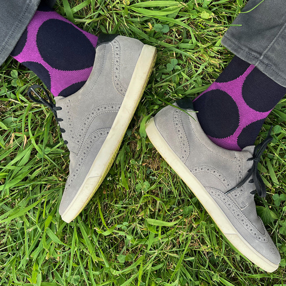 Made in USA men's purple and navy big polka dot fun and colorful socks by THIS NIGHT