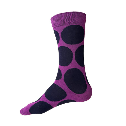 Made in USA men's purple and navy big polka dot fun and colorful socks by THIS NIGHT