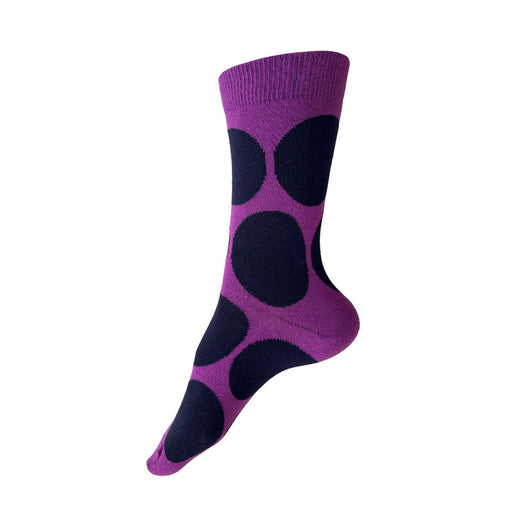 Made in USA women's purple cotton socks with large navy polka dots