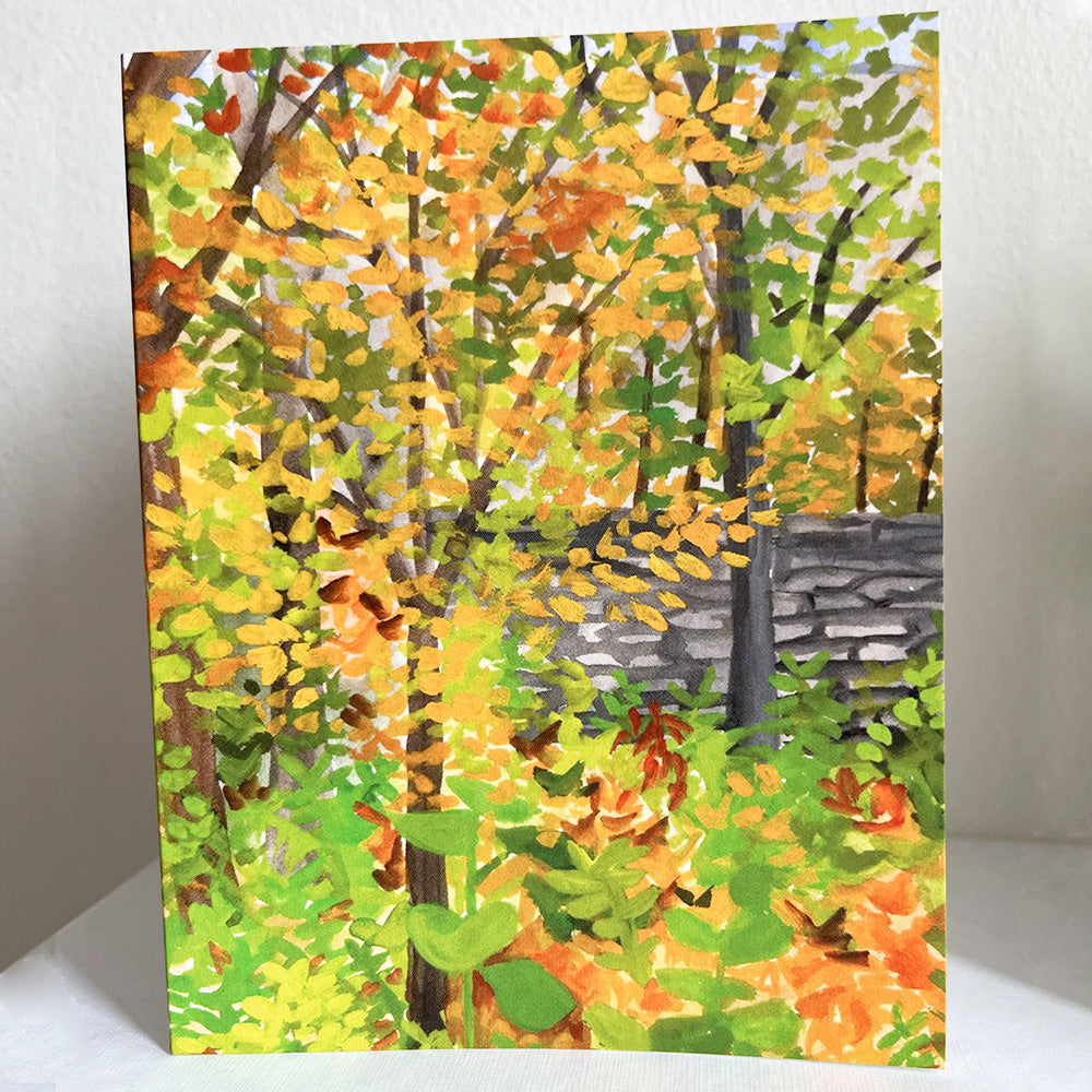 Fort Tryon note card by Kate T. Williamson painted in gouache and featuring fall foliage