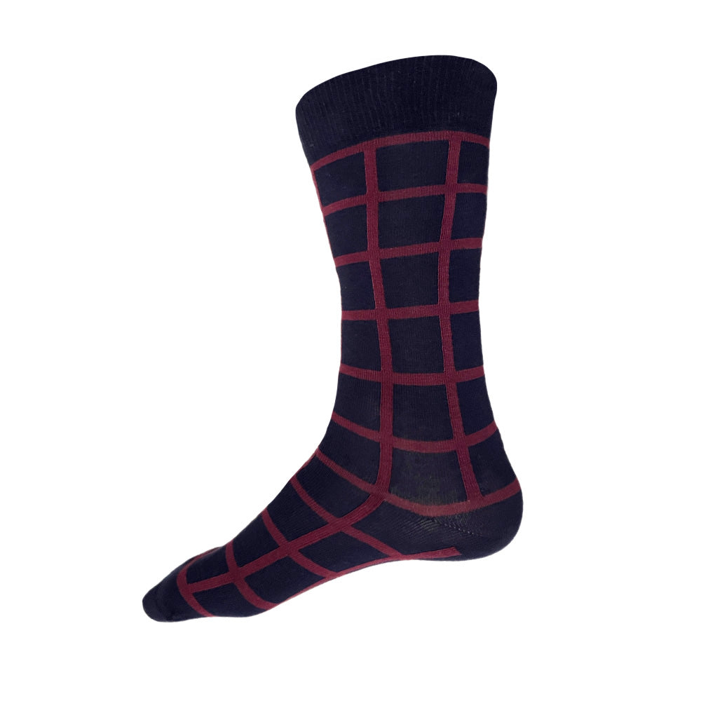 MADE IN USA men's navy cotton socks by THIS NIGHT with burgundy windowpane grid pattern
