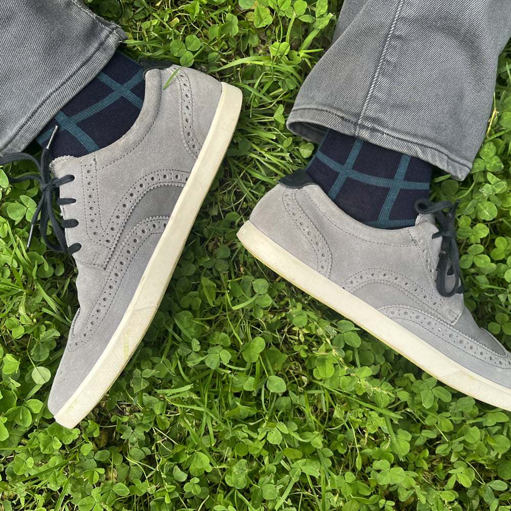 Made in USA men's navy cotton socks with geometric teal green windowpane plaid pattern by THIS NIGHT