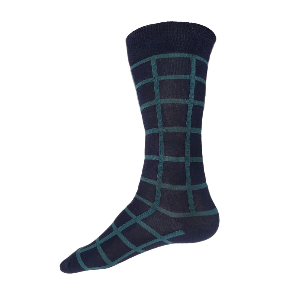 Made in USA men's navy cotton socks with geometric teal green windowpane plaid pattern by THIS NIGHT