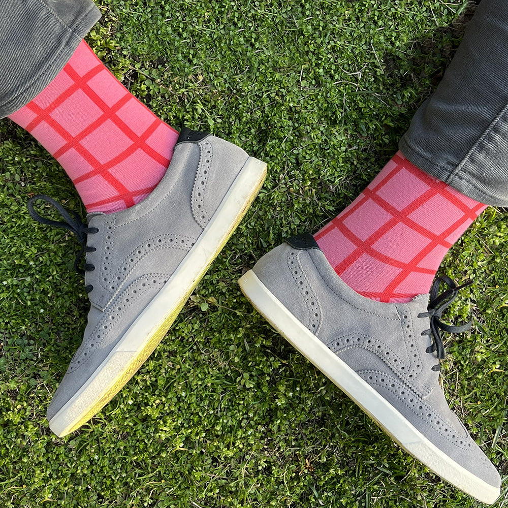 Made in USA men's pink geometric cotton socks with a red windowpane grid pattern