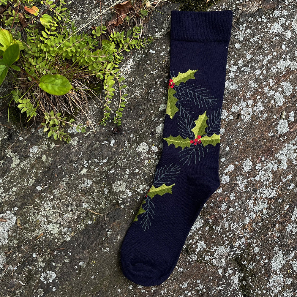 Made in USA men's navy cotton holiday/Christmas socks with holly and pine by THIS NIGHT