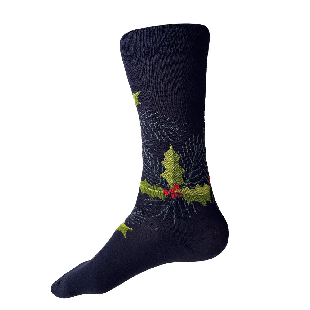 Made in USA men's navy cotton holiday/Christmas socks with holly and pine by THIS NIGHT
