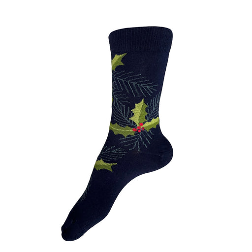 Made in USA women's cotton Christmas socks featuring holly berries and pine needles on navy –– a perfect holiday stocking stuffer!