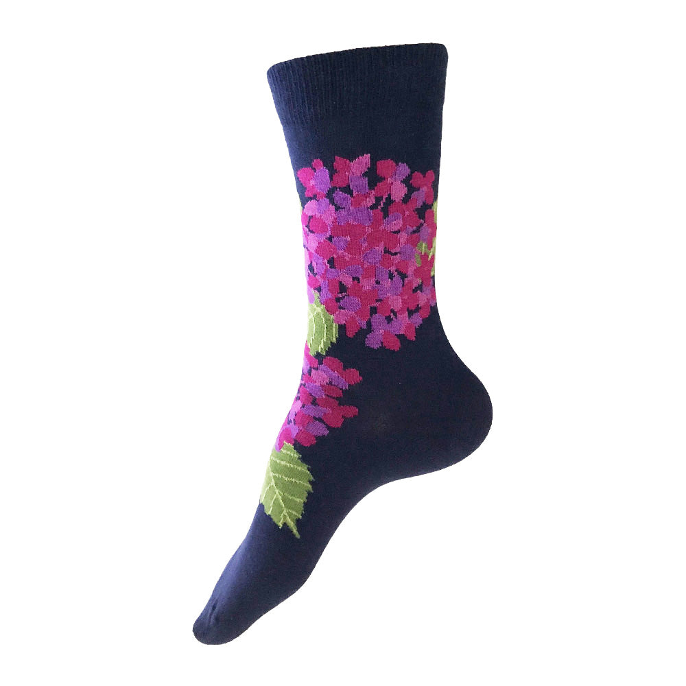 MADE IN USA women's navy, pink, & purple hydrangea floral socks by THIS NIGHT
