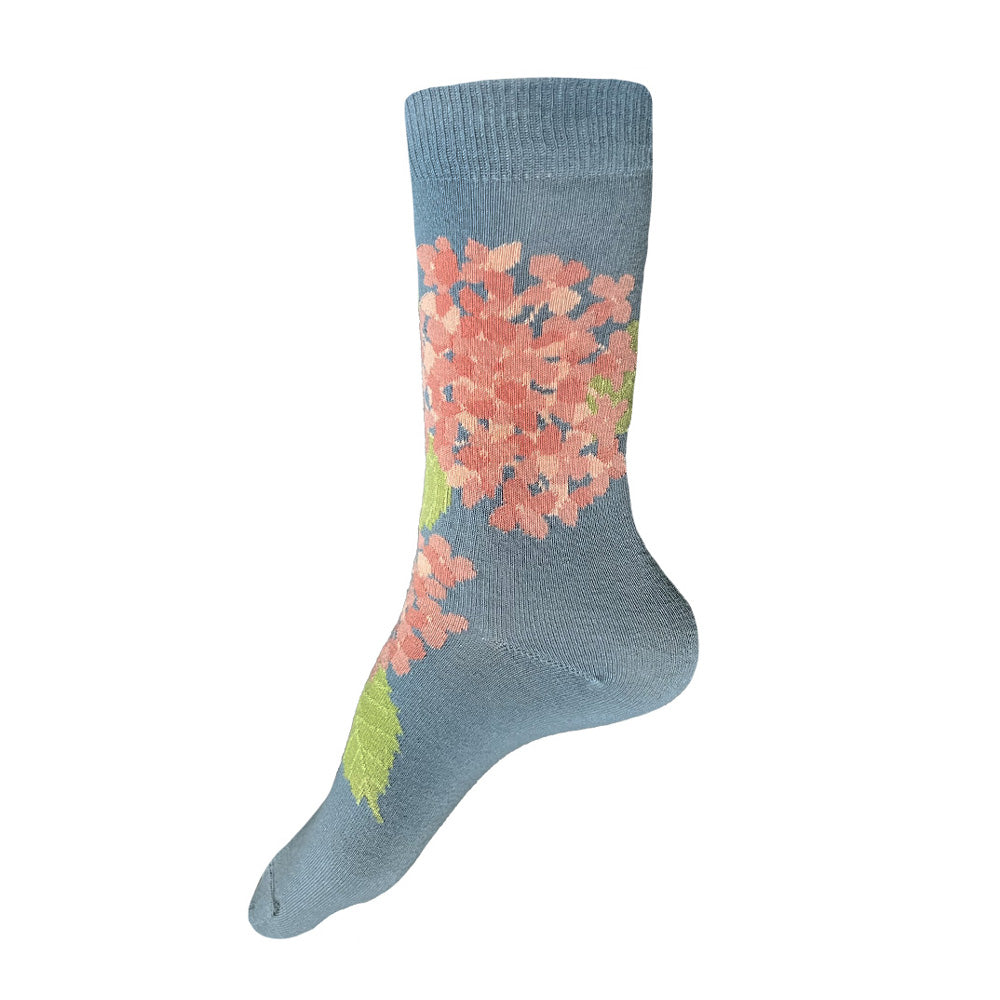 Made in USA women's blue cotton floral socks featuring peach hydrangea flowers by THIS NIGHT