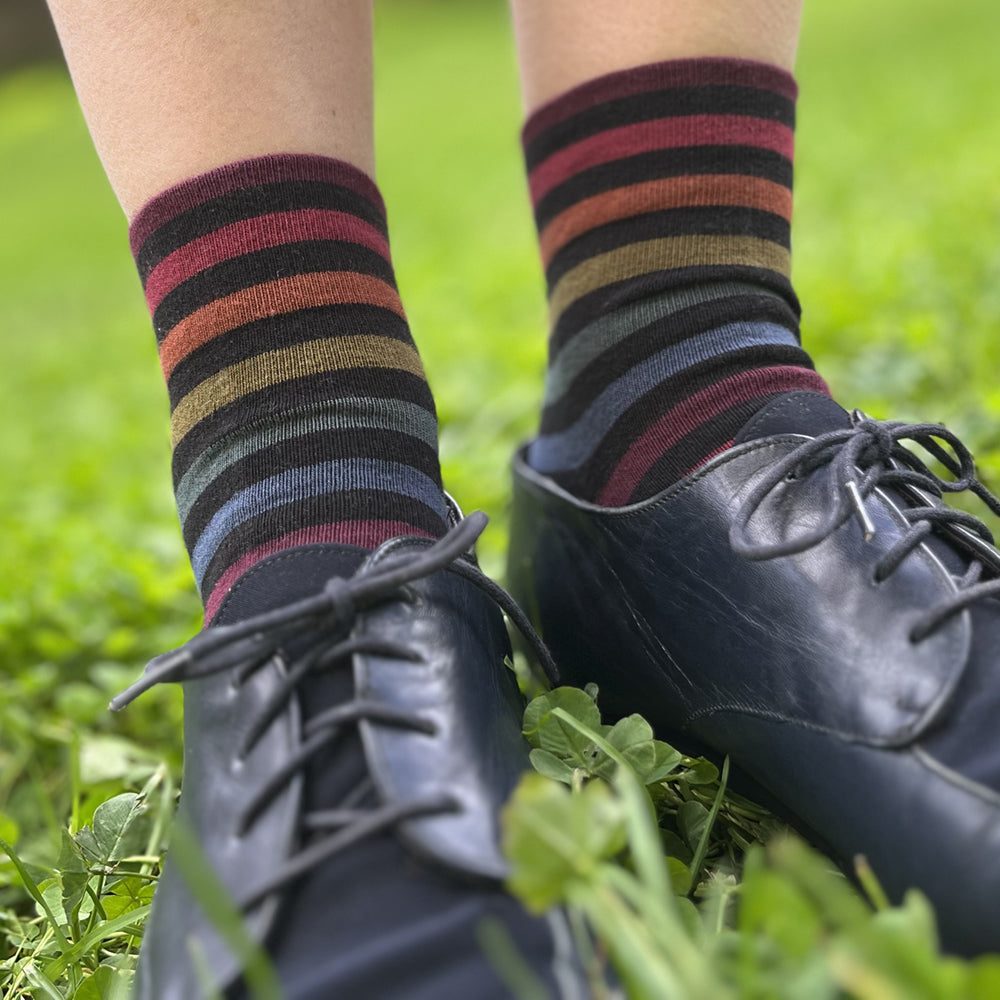 Made in USA women's black cuffless ankle socks with subtle rainbow stripes by THIS NIGHT