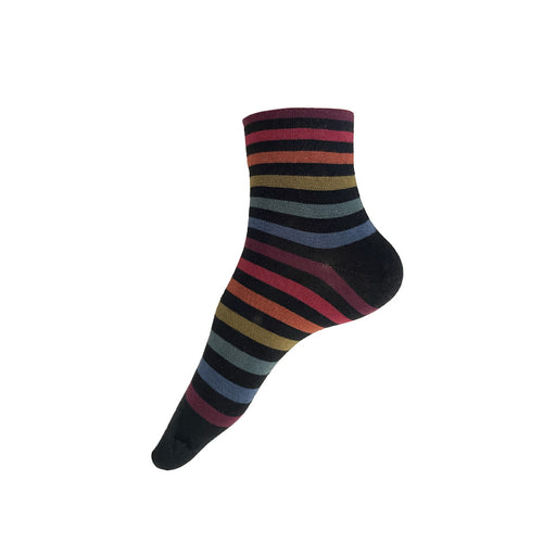 Made in USA women's black cuffless ankle socks with subtle rainbow stripes by THIS NIGHT