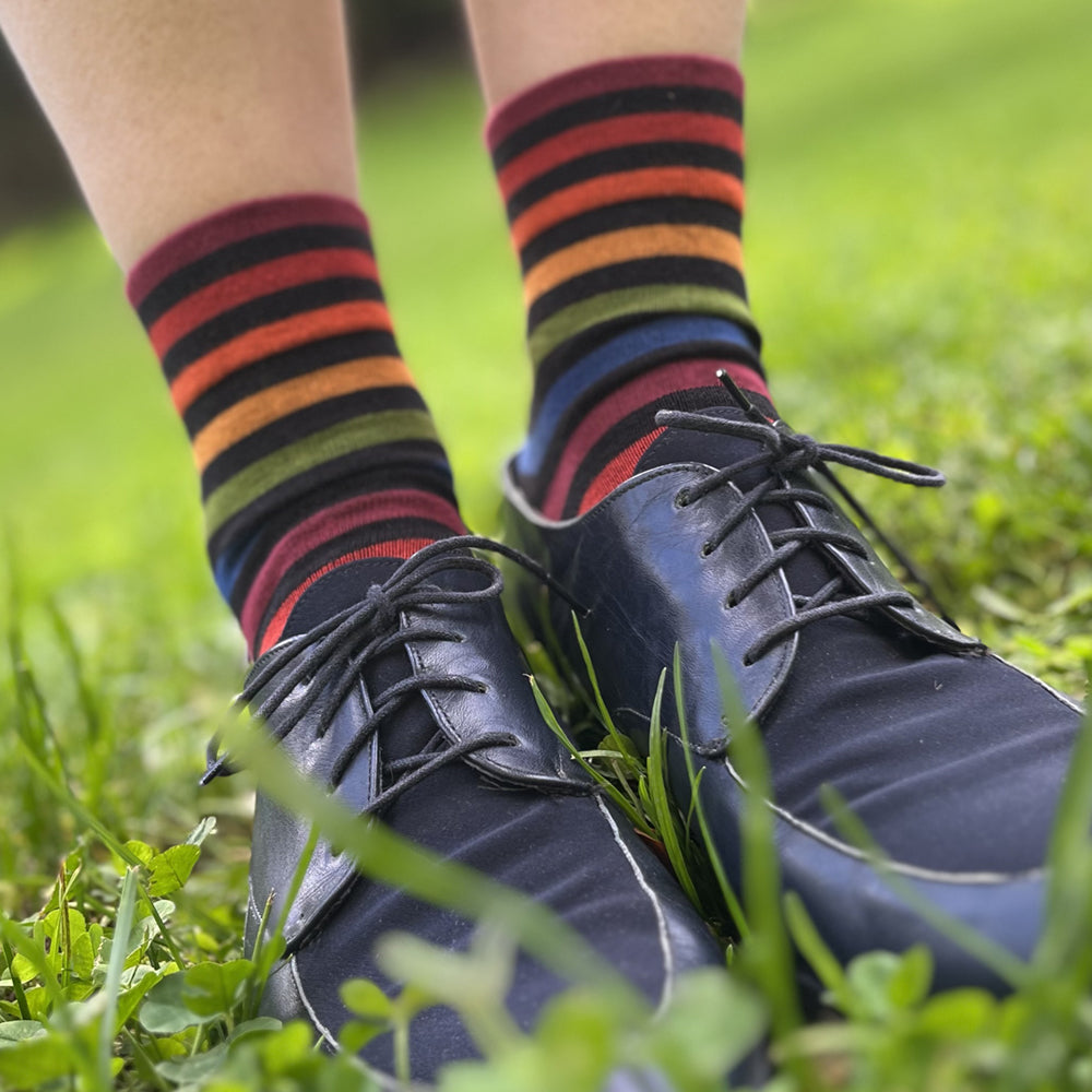 Made in USA women's low cotton ankle socks in black with colorful rainbow stripes by THIS NIGHT