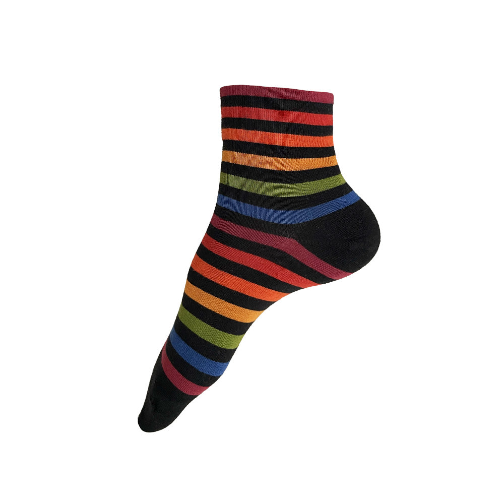 Made in USA women's low cotton ankle socks in black with colorful rainbow stripes by THIS NIGHT