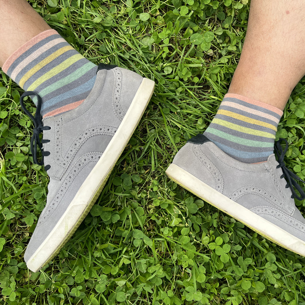 Made in USA men's short cotton ankle socks in grey with pastel stripes by THIS NIGHT