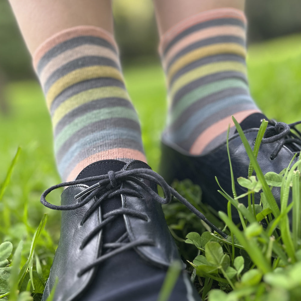 Made in USA women's low cotton ankle socks in grey with pastel rainbow stripes by THIS NIGHT