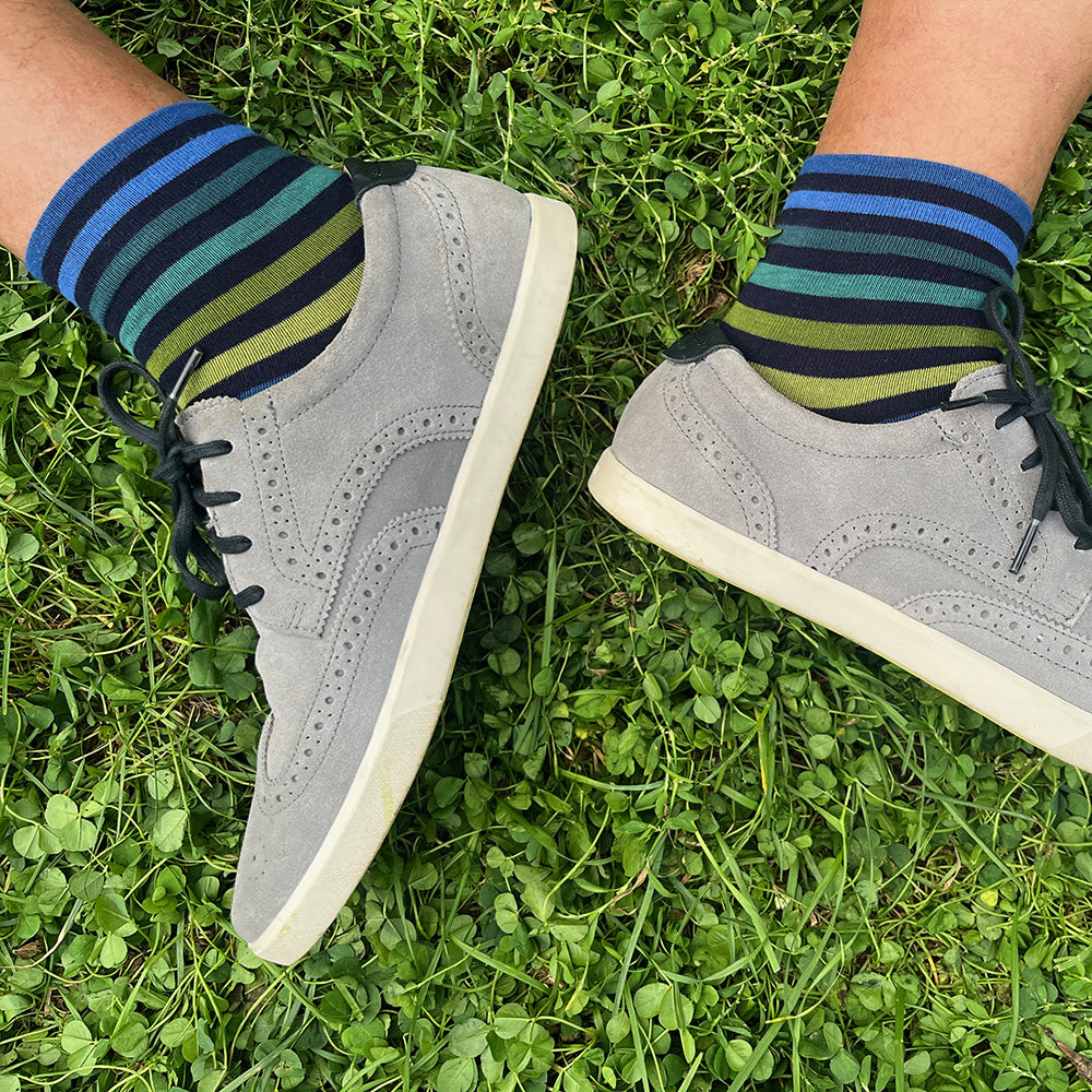 Made in USA men's navy cotton ankle/low socks with blue and green stripes by THIS NIGHT