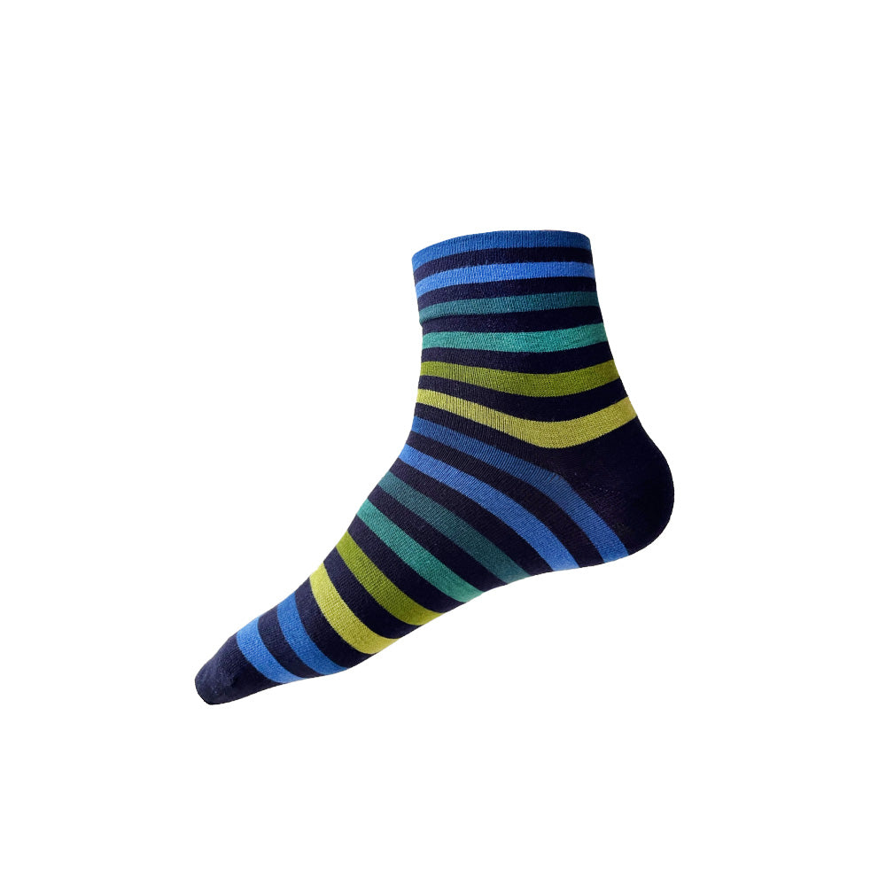 Made in USA men's navy cotton ankle/low socks with blue and green stripes by THIS NIGHT