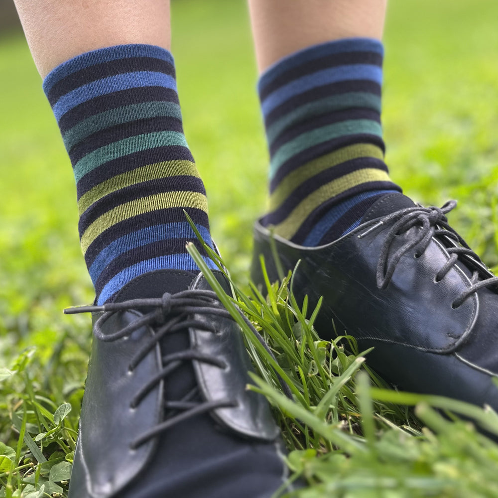 Made in USA women's navy cotton ankle socks featuring stripes in blues and greens