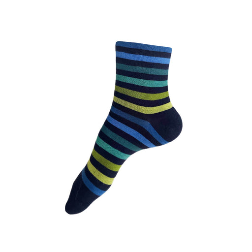 Made in USA women's navy cotton ankle socks featuring stripes in blues and greens