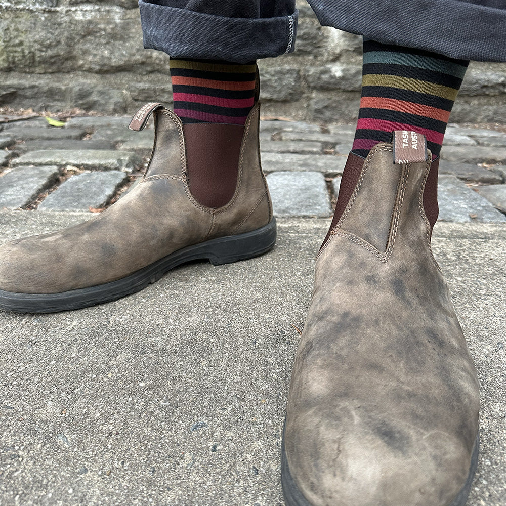 Made in USA men's cotton striped XL (Big & Tall) socks for men's shoes sizes 14–18 in black with stripes in subtle colors
