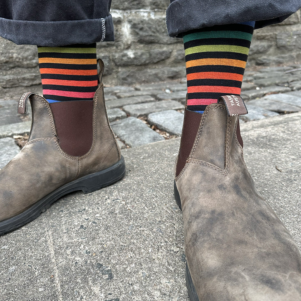 Made in USA men's XL (Big and Tall for sizes 14–18) bright black striped colorful socks by THIS NIGHT