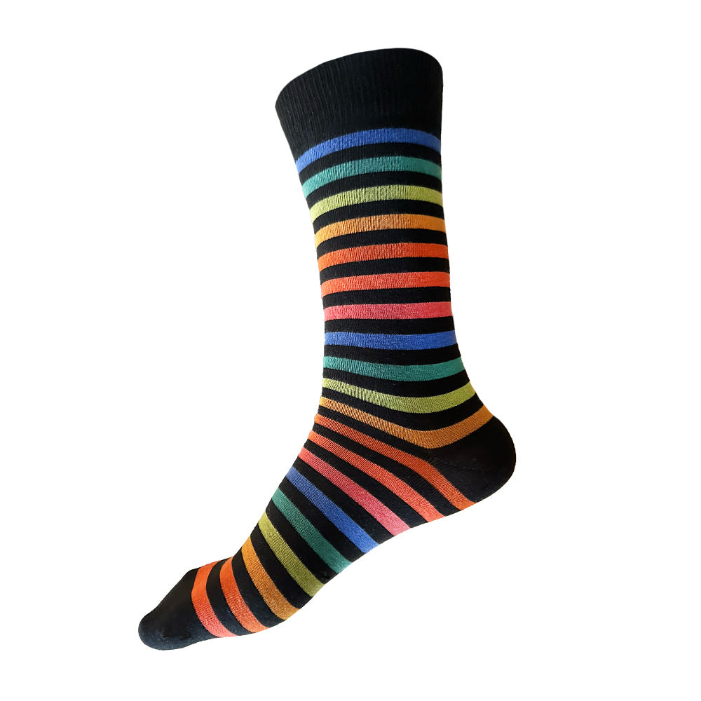 Made in USA men's XL (Big and Tall for sizes 14–18) bright black striped colorful socks by THIS NIGHT
