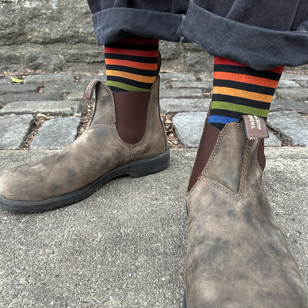 Made in USA men's XL (Big and Tall for sizes 14–18) bright black striped colorful rainbow socks by THIS NIGHT