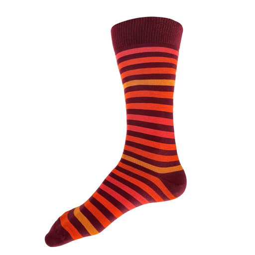 Made in USA men's burgundy, pink, orange, and yellow striped cotton socks
