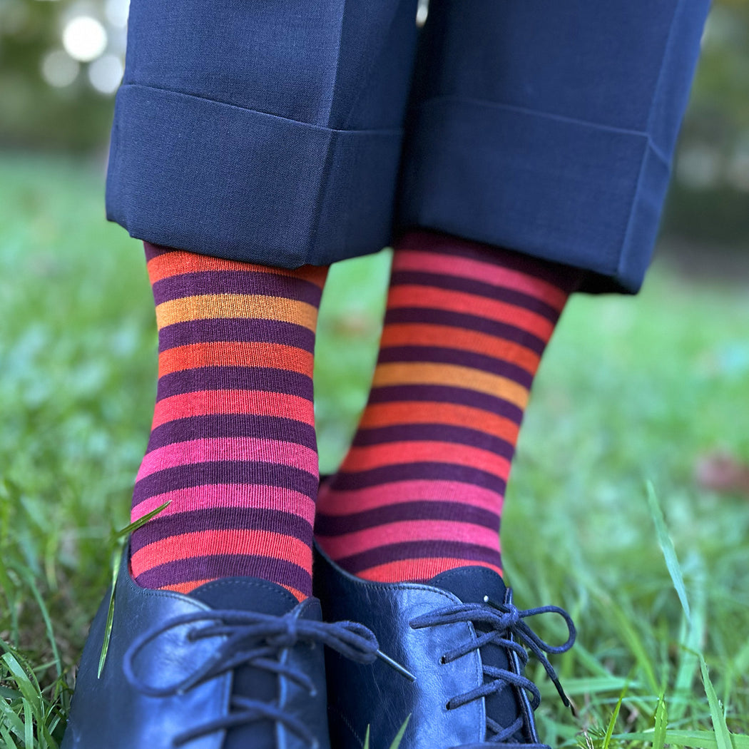 Made in USA women's striped burgundy cotton socks with pink, orange, and yellow