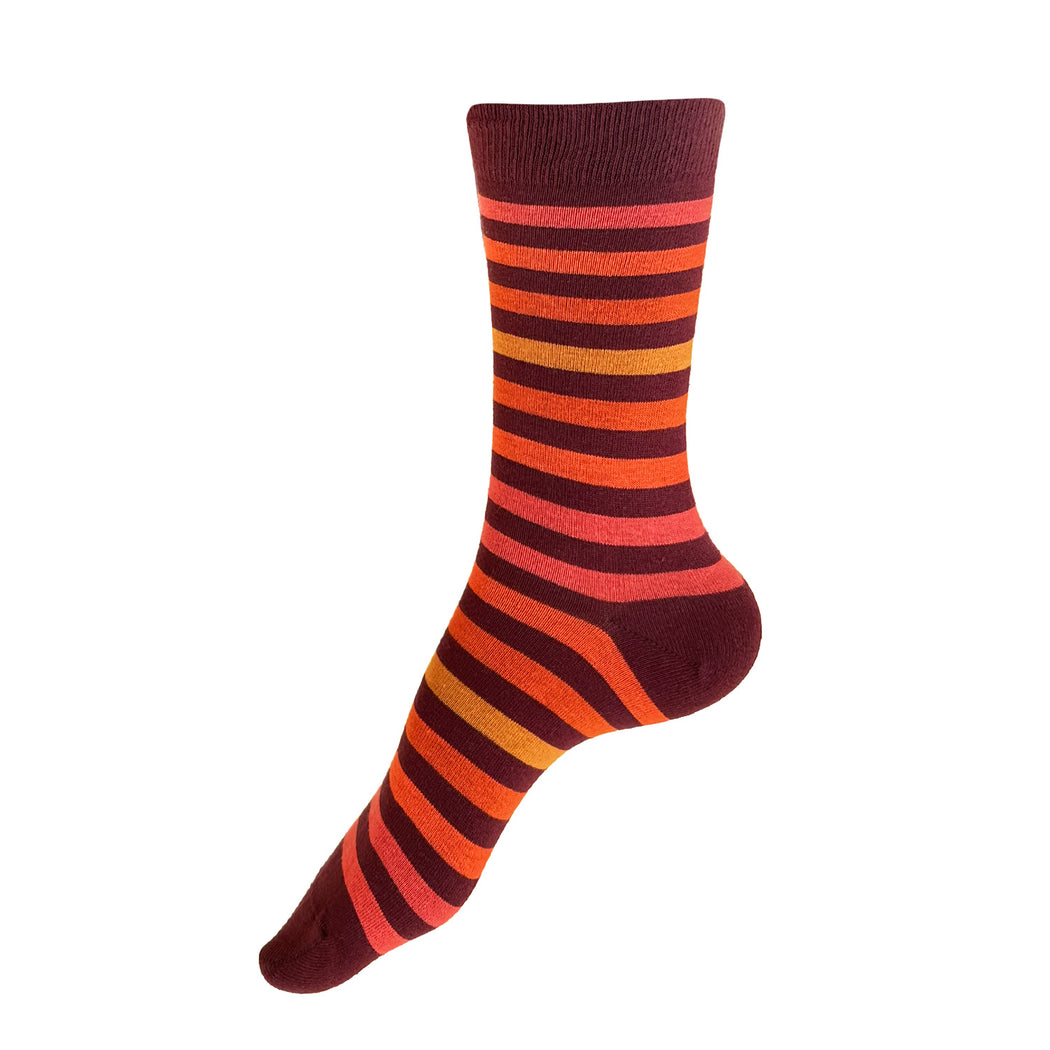 Made in USA women's striped burgundy cotton socks with pink, orange, and yellow