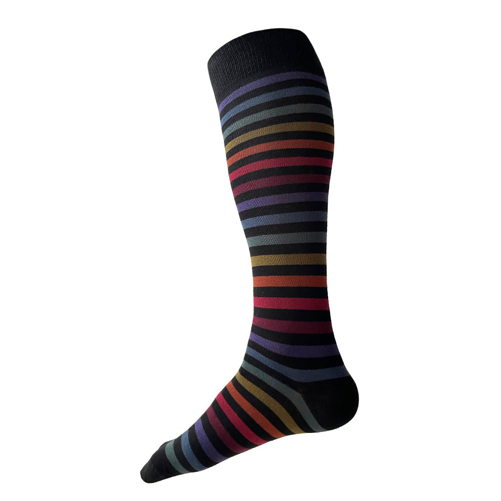 Made in USA men's cool over-the-calf colorful black cotton striped socks by THIS NIGHT